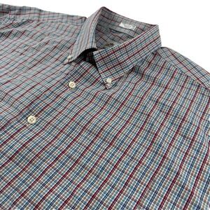 Peter Millar Shirt Men XXL 2XL Blue Red Cotton Tattersall Plaid Colorful EUC